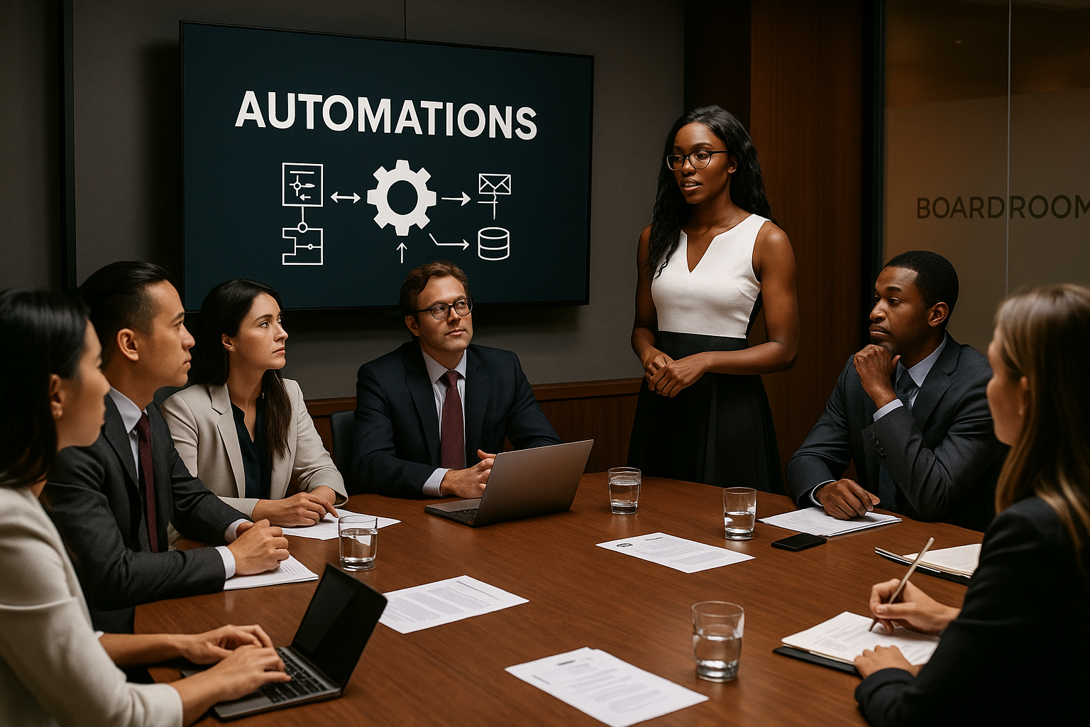 Executives in a boardroom meeting discussing marketing automations strategy.
