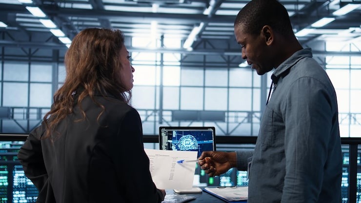 A man showing a woman how to integrate AI