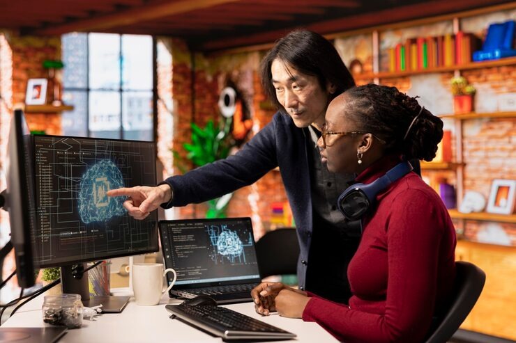 Colleagues talking abiout AI integration in an office